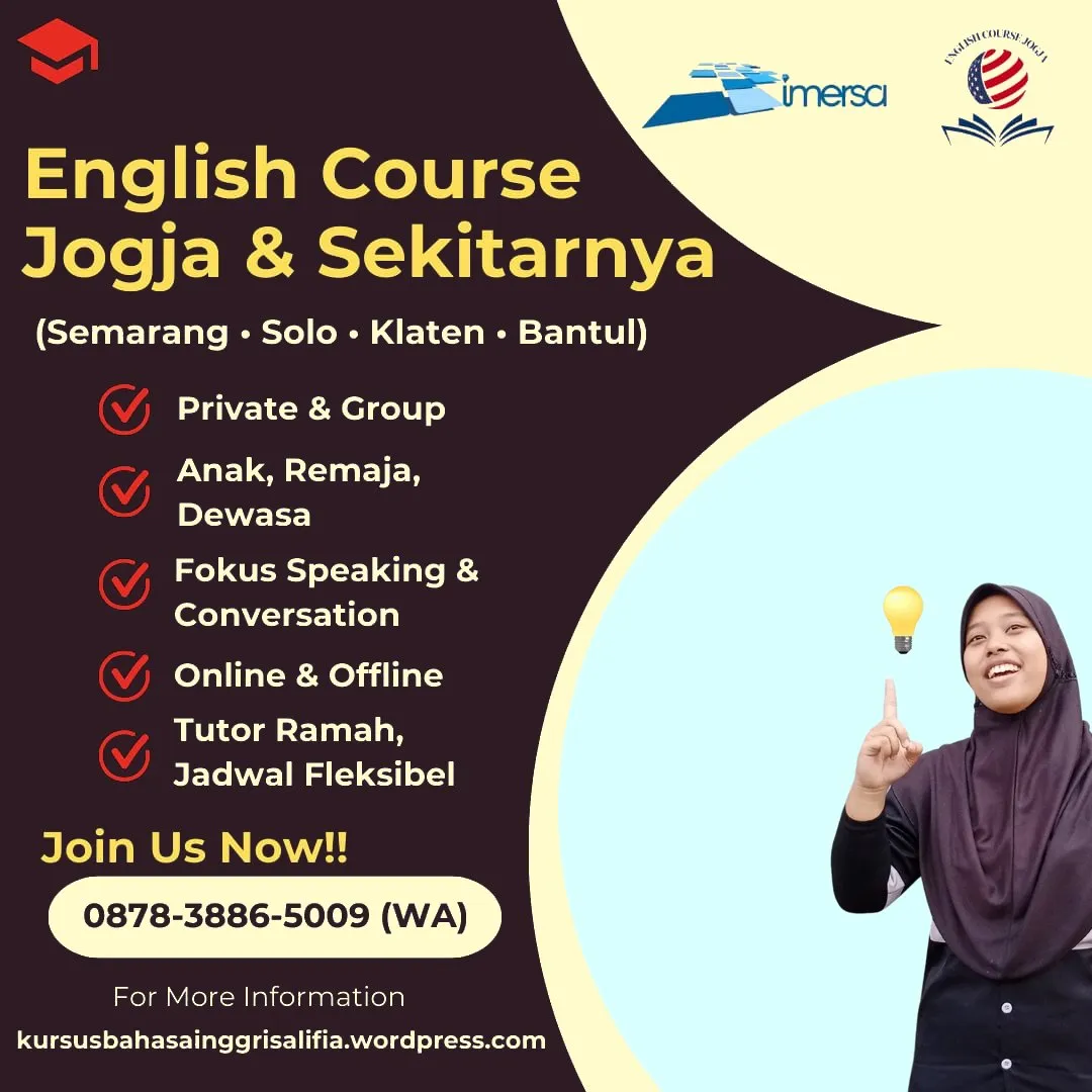 0878-3886-5009 (WA) Kursus Bahasa Inggris Conversation Jogja, Kursus Bahasa Inggris di Solo Murah, Rekomendasi Les Bahasa Inggris di Solo, Les Bahasa Inggris Terbaik di Solo, Kursus Bahasa Inggris di Jogja, Tentor Bahasa Inggris Jogja, Bahasa Inggris Kota Semarang Jawa Tengah, Les Bahasa Inggris Anak di Bantul, Lembaga Bahasa Inggris Semarang, Kursus Bahasa Inggris Yang Bagus di Jogja